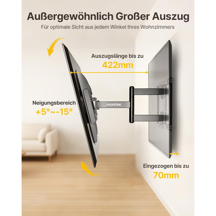 Кріплення для телевізора monTEK Full Motion з регулюванням, 37-84 дюйми, до 50 кг, VESA 600x400 мм, для дерев'яних підставок