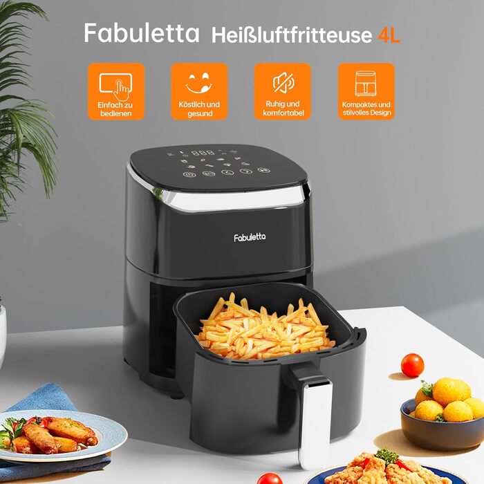 Фритюрниця з гарячим повітрям Fabuletta 4 л, 9-в-1, цифрова LED-панель, до 230°C, швидке приготування та знежирення, попередній нагрів, Shake-режим, чорна