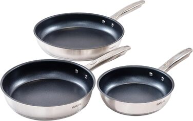 Набір сковорідок 3 шт. з нержавіючої сталі з антипригарним покриттям, 20, 24, 28 см, для всіх типів плит