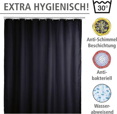 Штора для душу WENKO Anti-Schimmel чорна, текстильна, антигрибкова, водонепроникна, з кільцями, 180x200 см