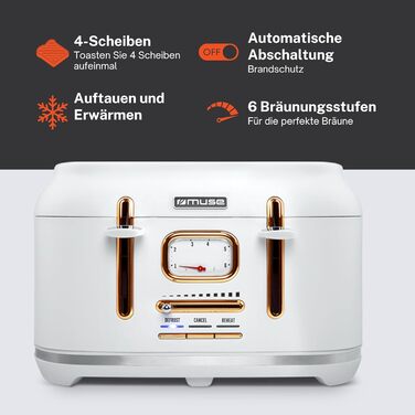 Тостер Muse MS-131 BC з нержавіючої сталі, 4-х місний, ретро дизайн, 6 рівнів підсмажування, з підсвічуванням, з лотком для крихт (білий)