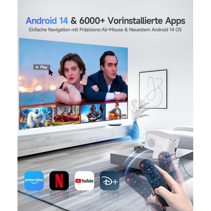 Проектор Alwtniet Mini Beamer 4K 8K з Android 14, WiFi 6, Bluetooth 5.4, Автофокус та Автокорекція, 180° поворот, для домашнього кінотеатру, HY350MAX