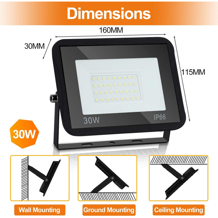 IKODM Outdoor Flood Lights, Pack of 5, 30W LED Floodlights, 3000K Warm White Outdoor Lighting Floodlight, Waterproof Super Bright 2250LM Construction Lights for Outdoor Yard Garden Garage Sports Field