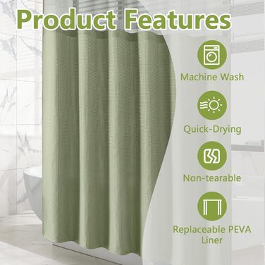 Шторка для душу з тканини Вафле, зелена, 183x183 см, з гачками, водонепроникна, для готелю