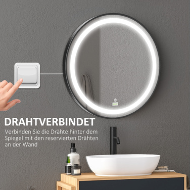 Kleankin LED Bathroom Mirror Ø60cm, Bathroom Mirror with 3 Light Colors, Touch Function, Memory Function, IP44, Black for Modern Bathroom