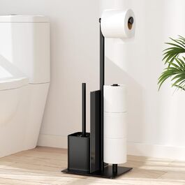 Stainless Steel Toilet Paper Holder with Brush - Standing Toilet Paper Roll Holder & WC Brush Set with Glass Shelf (Matte Black)