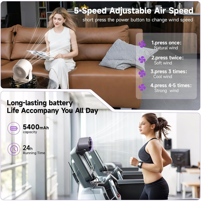 Перезаряджуваний USB-настільний вентилятор з цифровим дисплеєм, 5-рівневий тихий вентилятор, регульований на 90°, настільний вентилятор для спальні, кухні, кемпінгу, офісу, сірий