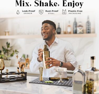 Набір бармена BARE BARREL® Mixology: 16-предметний сет для коктейлів з шейкером Коблер (24oz), інструментами для бару та 35 картками рецептів, золото/чорний