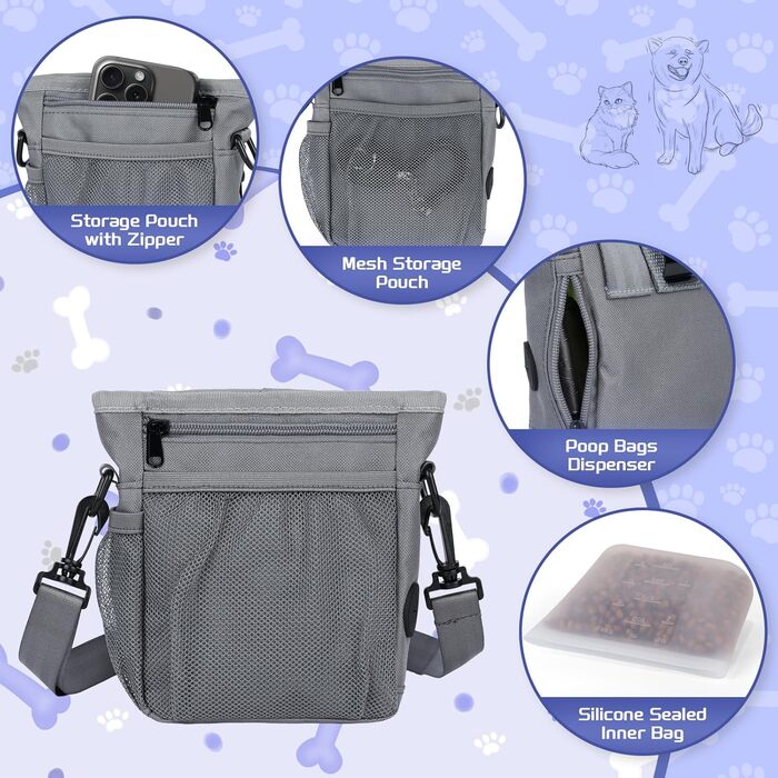 Набір для собак: сумка для ласощів, клікер, диспенсер для відходів, сумка на пояс (сіро-зелений внутрішній кишеньковий відсік)