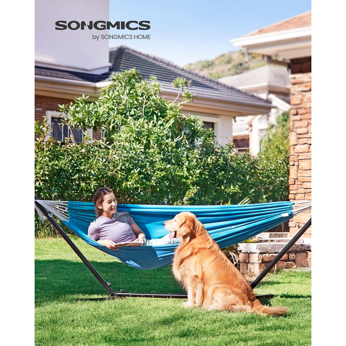 Гамак SONGMICS 210x150 см для двох, 300 кг, з сумкою, ременями та карабінами, для тераси, балкона, саду, кемпінгу, синій