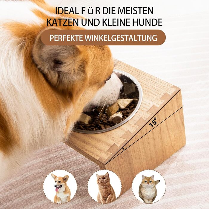Підвищені годівниці для котів та собак KIRIGEN - дерев'яна станція для годування з 3 знімними мисками з нержавіючої сталі, годівниця для котів та дрібних тварин, натуральний колір