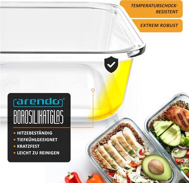 Набір контейнерів для їжі Arendo Glas 3 шт. 1000 мл - герметичні, для мікрохвильовки, духовки, морозильника, посудомийної машини
