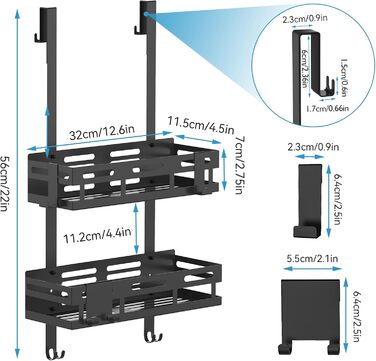 Reading Tour Shower Shelf 0n Drilling Black, Hanging Shower Shelf for Glass Shower Doors, Hanging Shower Shelf with 2 Shower Baskets, 4 Fixed Hooks, 1 Glass Wiper Hook, and 2 Movable Hooks Equipped