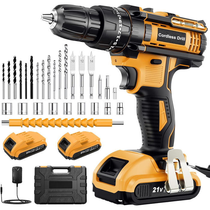 Акумуляторний шуруповерт AKZWOXRO 21V з 2 акумуляторами 2.0Ah, 42Nm, 2 швидкості, 25+3 ступені крутного моменту, патрон 10мм, LED ліхтик, 30-ти елементний набір для дому та саду, DIY проєкти