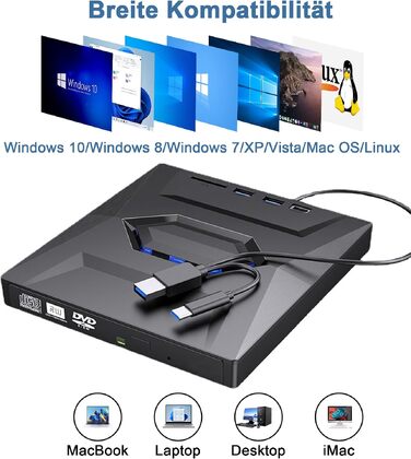 Зовнішній CD/DVD привід для ноутбука та ПК USB 3.0 & Type-C, DVD-RW записувач з картридером SD/TF та USB-хабом для Windows, Linux, Vista