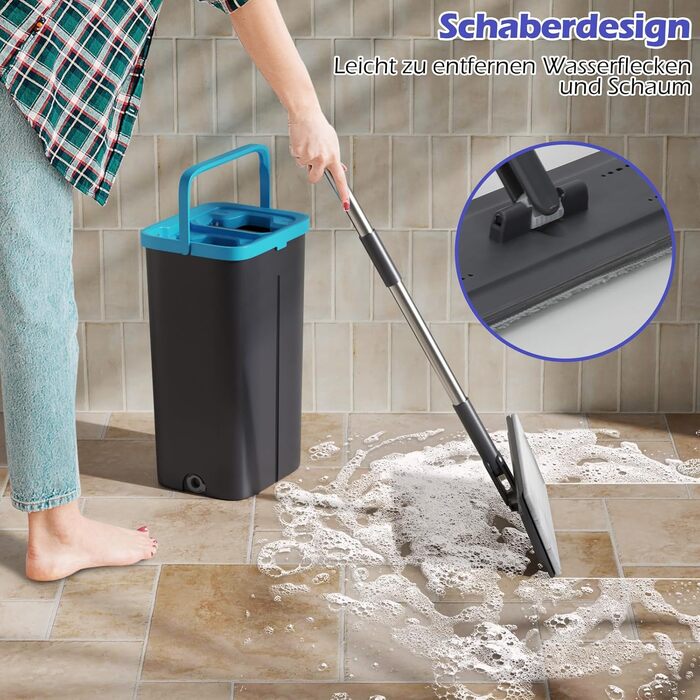 Набір для миття підлоги з відром, 2 в 1: моп з відром та функцією віджиму, з регульованою ручкою з нержавіючої сталі та 6 мікрофібровими насадками, підходить для плитки та ламінату (сірий + зелений)