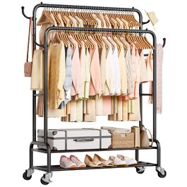 Yorbay Rolling Clothes Rack - Metal Garment Rack with 2 Hanging Rods, 4 Hooks, and 2 Storage Shelves - Holds up to 120kg - Stable Clothes Rack for Bedroom, Dressing Room (112 cm Wide)