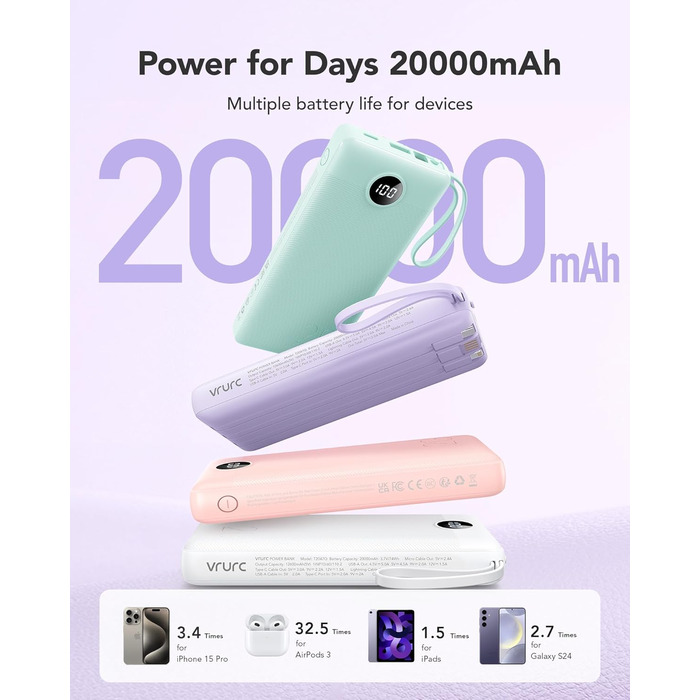 Power Bank VRURC 20000mAh з LED дисплеєм, 22,5W швидка зарядка USB-C, білий/фіолетовий