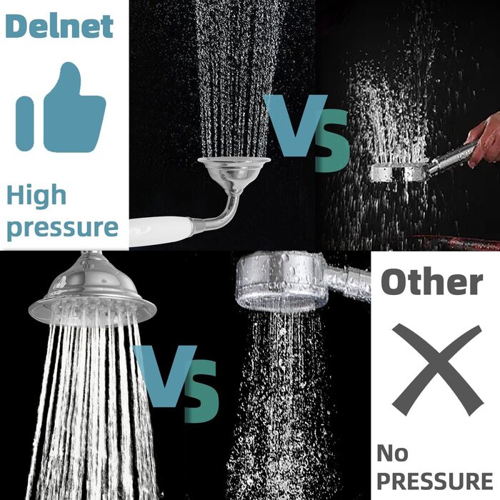 Delnet Classic High-Pressure Shower Head, Chrome, Traditional Telephone Style, Hand Shower and 1.5m Hose