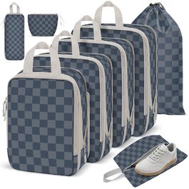 VnioLife Набори для пакування валізи - 8 шт. Органайзери для подорожей, компресійні кубики, синій та сірий