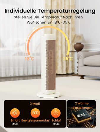 Електричний обігрівач AIRMATE 63см: керамічний, тихий, з термостатом та осциляцією, 3 режими, таймер, 2000W, захист від перегріву, білий