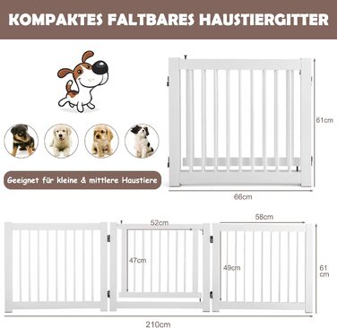 Захисний бар'єр для собак COSTWAY 3 шт., самостійне встановлення, 61 см, дерев'яний, для дому, з дверцятами, складний, для каміну та сходів (білий)