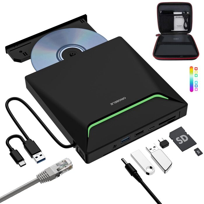 Зовнішній DVD-накопичувач ORIGBELIE з RJ45 Ethernet-адаптером та USB 3.0 хабом (3 USB, 2 TF/SD), зовнішній CD-записувач для ноутбука, MacBook, PC Windows, Linux, Mac OS, з сумкою для перенесення