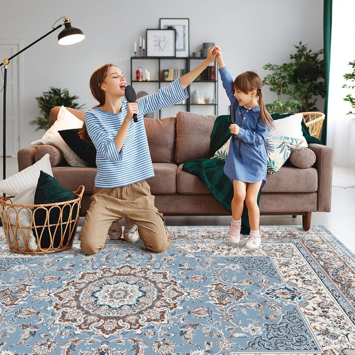 OMERAI Rug Living Room Washable Short Pile Rug Oriental Soft Bedroom Blue Non-Slip Vintage Rug 60x130CM Machine Washable Rug