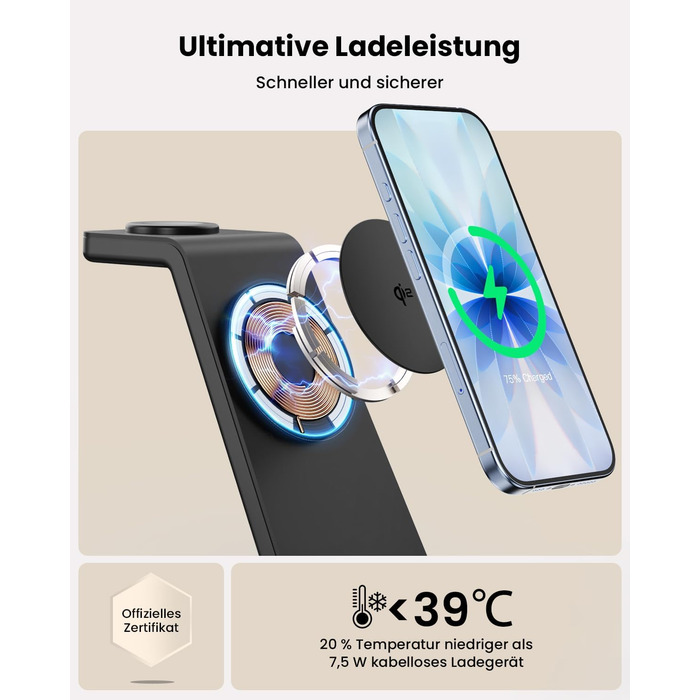 Зарядний пристрій GEEKERA 3 в 1 з підтримкою Qi2, 15W, для iPhone, Apple Watch, AirPods, чорний