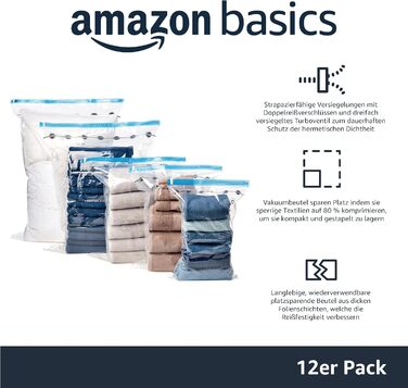 Amazon Basics Garment Bags with Airtight Valve and Hand Pump - Multiple, 3 x Jumbo, 3 x Large, 3 x Medium, 3 x Small, 12-Pack, Zipper, Transparent