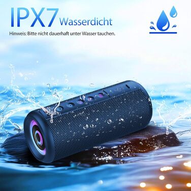Bluetooth колонка 2026 з RGB підсвіткою, портативна, водонепроникна IP7, 20 годин роботи, з мікрофоном, для спорту, саду, вулиці - блакитна