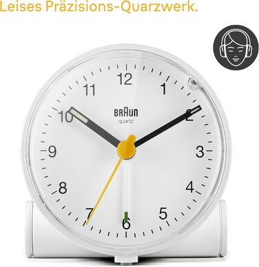 Braun Classic analog alarm clock with snooze function and light, quiet quartz movement, crescendo alarm in white, model BC01W.