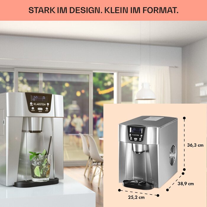 Машина для приготування льоду Klarstein Eiswürfelmaschine Klein, 2 л, з дозатором води, для 12 кг льоду, швидка, з сигналом, пластик, срібло