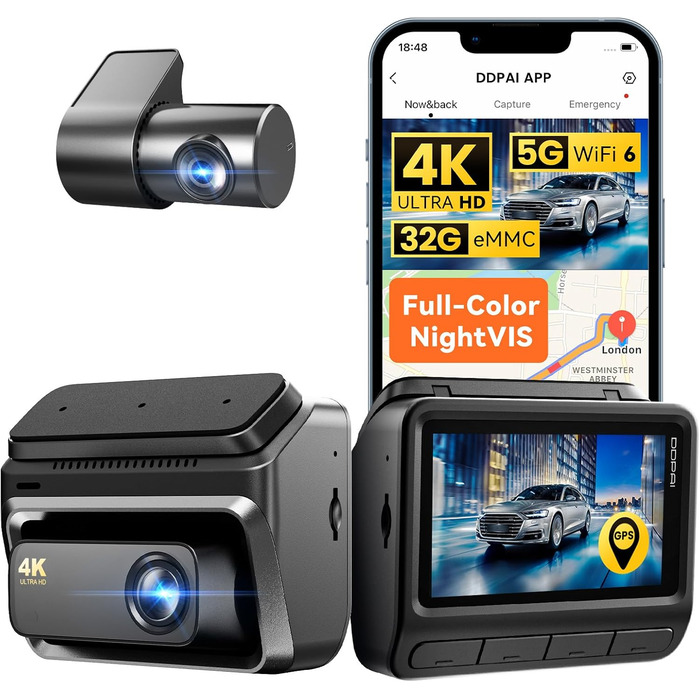 DDPAI відеореєстратор 4K Dual Starvis з AI, GPS, WiFi, 32GB, 24h парковка, дисплей IPS, (Z60)