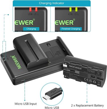 Набір акумуляторів NEEWER NP-F550 та зарядний пристрій (сумісний з Sony NP-F970, F750, F770 та ін.) + LED-ліхтар/монітор/камера Slider (2 шт., чорний)