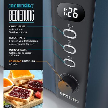 Тостер Arendo з нержавіючої сталі, 4 слоти, підігрів, підігрів тостів, підставка для бургерів, зйомка крихт, дисплей, темно-синій