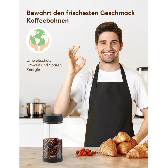 OUTPEAK 2025 Kilo Auto Вакуумна кавова банка 1,8L для 601.0 г кавових зерен, автоматичне управління, нержавіюча сталь, з ложкою, 6-місячний запас свіжості (Barista Champion's Choice) (G1350)