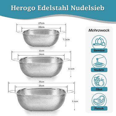 Набір сит Herogo (3 шт.) з нержавіючої сталі, 20/24/28 см, для макаронів, фруктів, овочів, з мікроперфорацією, з зручним ручним захопленням, з гладкими краями та піднятими ніжками, придатні для миття в посудомийній машині
