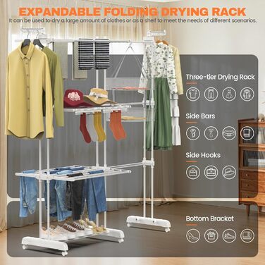 Сушарка для білизни Huracan 2в1: тур, розкладна, висувна, 3 яруси, з тримачами для шкарпеток та білизни (біла)