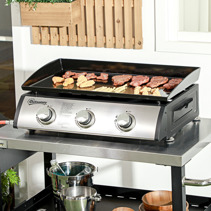 Газовий гриль Outsunny, гриль для столу BBQ з 3 пальниками, газовий гриль зі шлангом, кришкою, гриль для кемпінгу для саду, нержавіюча сталь, метал, чорний, 63 x 47 x 25 см | Aosom