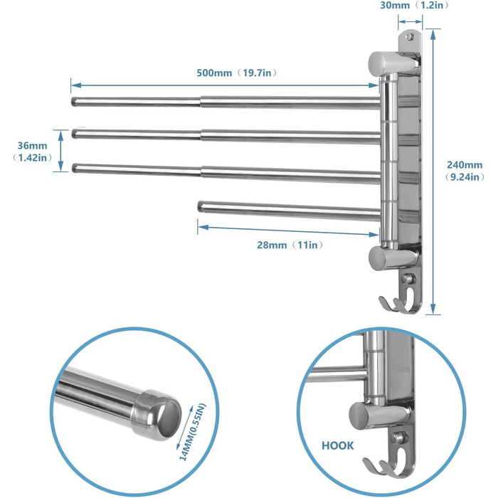 Тримач для рушників JSVER поворотний на 180°, з нержавіючої сталі 304, з 3 висувними рушниками до 50 см, для кухні, ванної кімнати, гардеробу, монтаж на стіну (срібло)