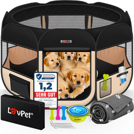 LOVPET® Foldable Pet Playpen with Food Bowl & Fleece Blanket - Indoor/Outdoor Dog & Cat Pen, Pop-Up Crate, Oxford Fabric, Grey/Black