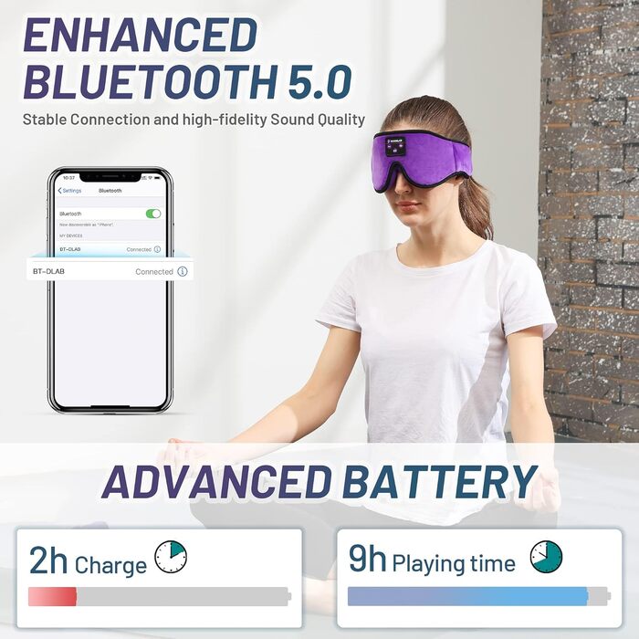 Маска для сну з Bluetooth-навушниками Boodlab 3D, бездротові, пранні, для сну, медитації, подорожей, фіолетовий