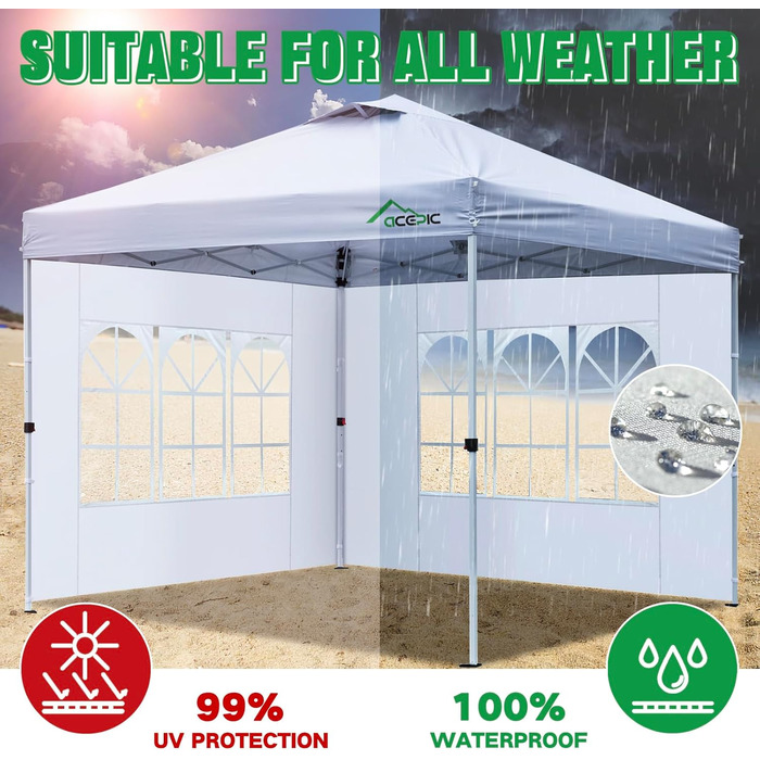 2 pieces of pavilion side panels with window and Velcro closure for 3 x 3 m pavilion, as wind and privacy screen for party tent, waterproof