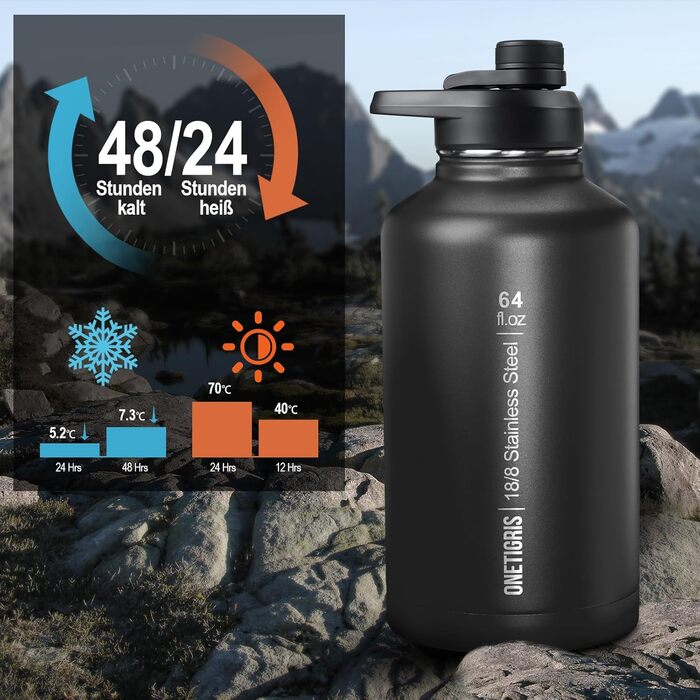OneTigris Stainless Steel Water Bottle, 1.9L High Capacity, Insulated Sports Bottle for Cycling, Camping, Yoga, Gym, Softair, OD Green, 64oz (Black)