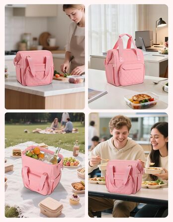 Сумка-холодильник 20 л, рожева: ізольована сумка-ланчбокс з PEVA-підкладкою, кілька відділень та плечовим ременем для роботи, школи, авто, пікніка