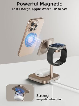 Станція зарядки LULULOOK Qi2 MagSafe 3 в 1 з алюмінію для Apple Watch та iPhone з підтримкою швидкої зарядки 15W (для iPhone 17 Pro Max/17 Pro/17 Air/17) та 5W (для Apple Watch Ultra, AirPods), титан