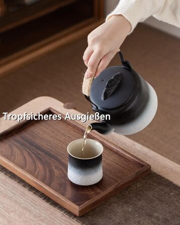 ZENS Design Japanese Teapot, 1000ml Gradient Embossed Japanese Teapot Ceramic with Built-in Strainer and Hemp Rope Handle for Loose Tea Steeper, Gift for Tea Lovers, Black & Bean Green (Black & White, 1000ml Teapot)