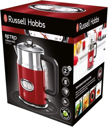 Russell Hobbs Kettle [1.7l, 2400W] Retro Red & Polished Stainless Steel (Quick Boil Function, Water Temperature Indicator in Retro Design, External Water Level Indicator) Vintage Tea Kettle 21670-70
