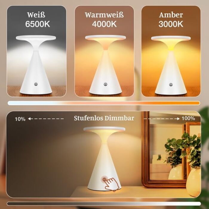 Настільна LED лампа акумуляторна бездротова 2 в 1 (індор/аудор) з димером, сенсорна, 3 кольори, біла (1 шт)